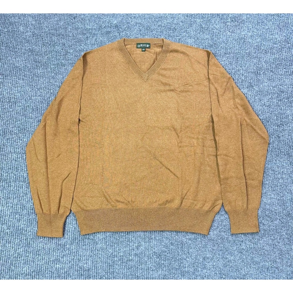 Orvis Sweater Mens Large Mustard Cotton Silk Cashmere V-Neck Knit Pullover